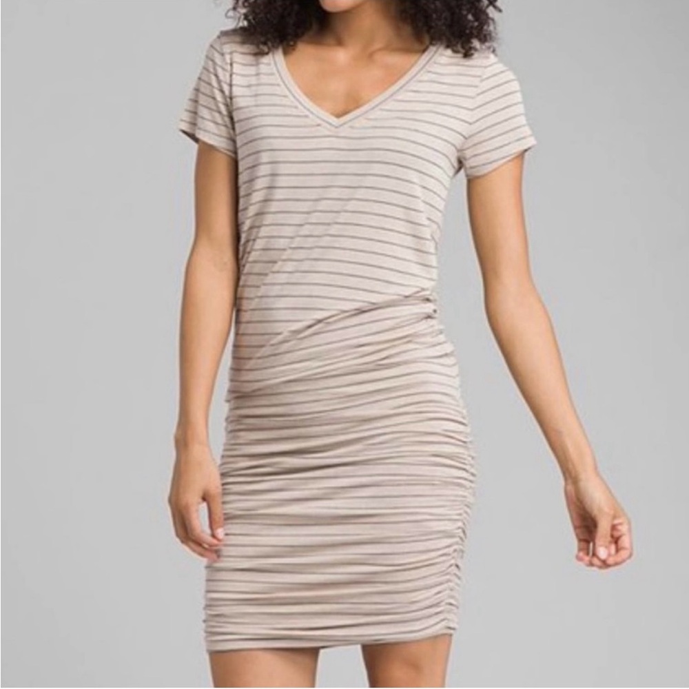 PRANA Foundations Striped Ruched Dress Short Sleeve V Neck Tan Small